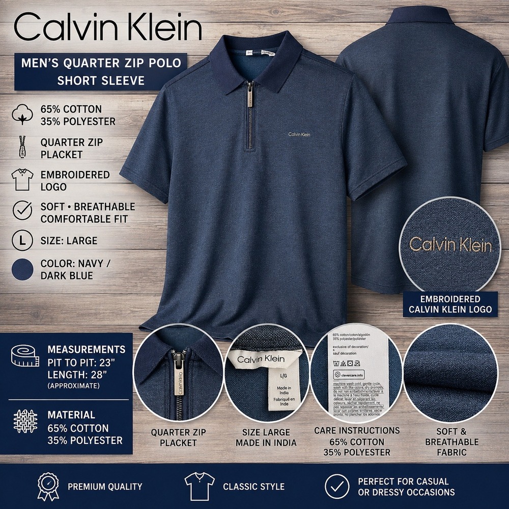 Calvin Klein Mens Quarter Zip Polo Shirt Short Sleeve Navy Blue Large